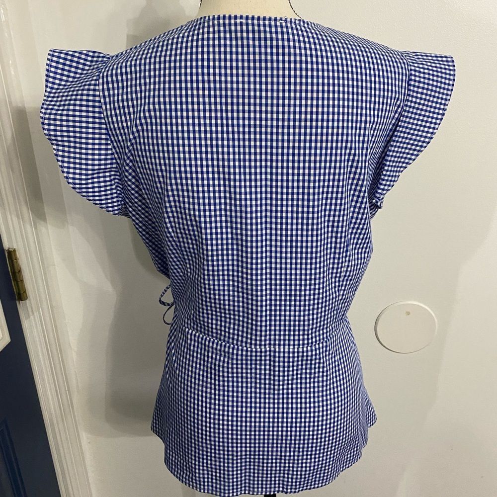 The limited wrap blue and white flutter sleeve check Blouse Size Large - Picture 7 of 7